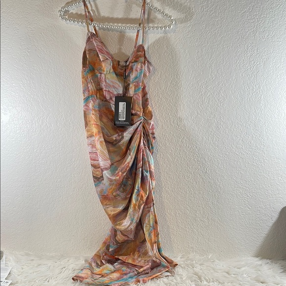 PRETTY LITTLE THING MARBLE PRINT SATIN RUCHED SKIRT CORSET DETAIL MIDI DRESS - Picture 3 of 14